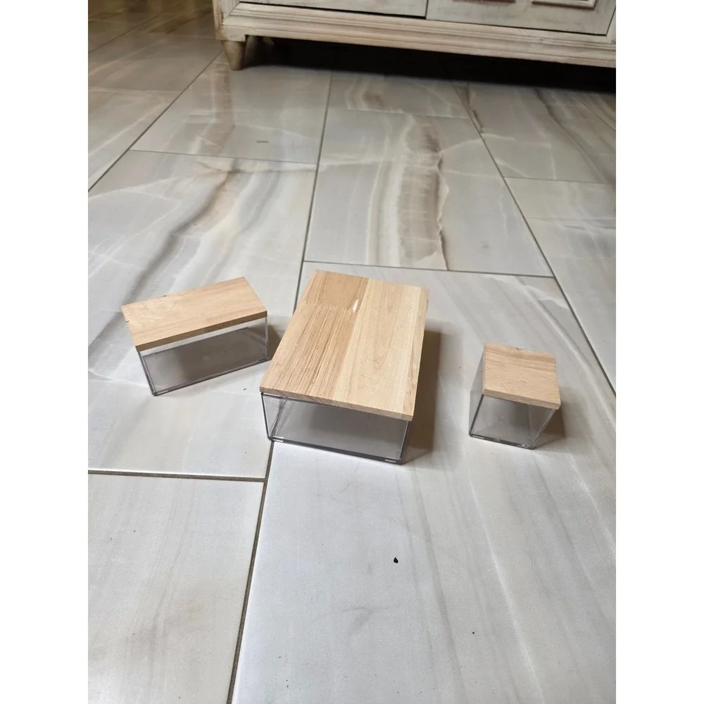3‎ Piece Clear Acrylic Storage Bin Set with Wood Lids Nesting Organizers
